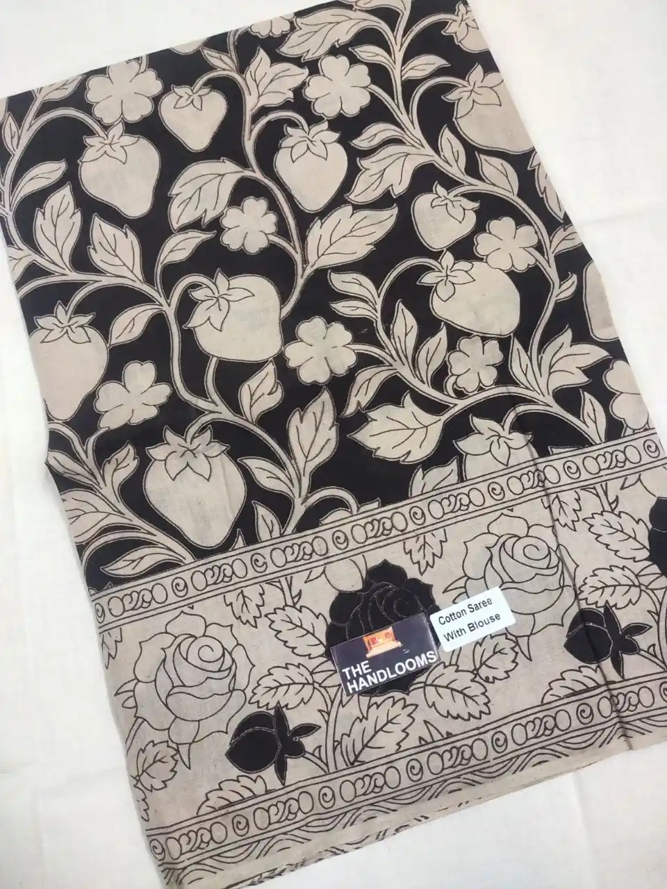 Midnight Pomegranate Garden Kalamkari Pure Handloom Cotton Saree